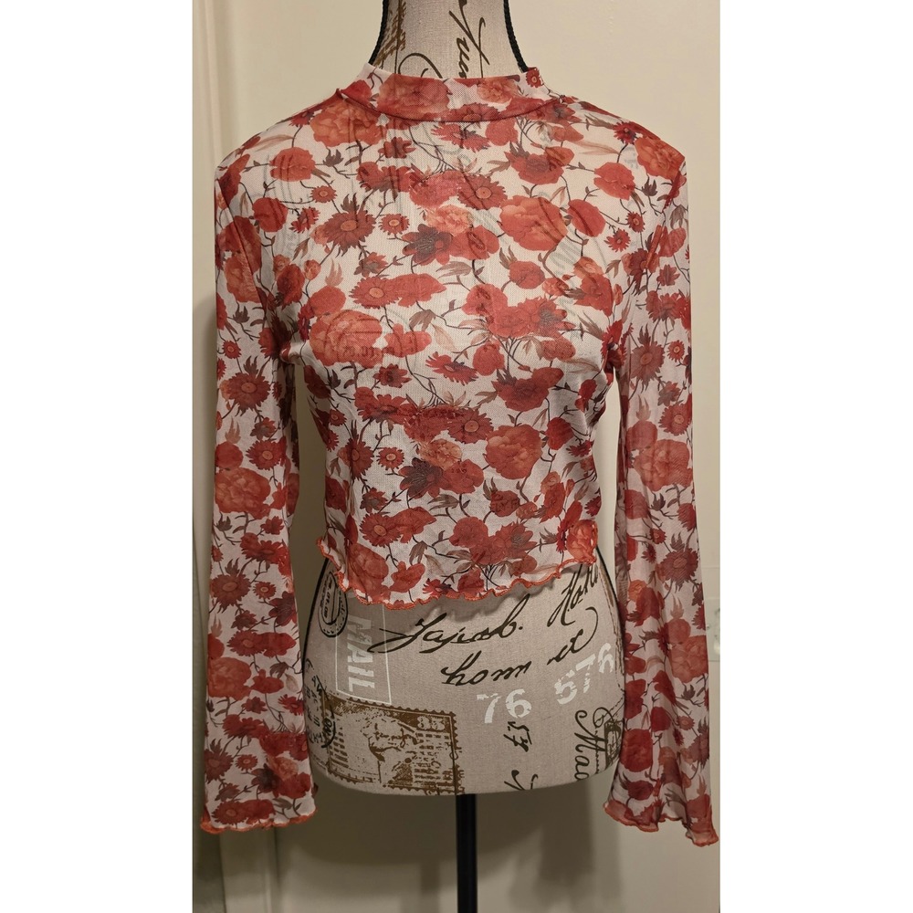 Sheer Mesh Floral Mock Neck Long Sleeve Crop Top Bell Sleeve Lettuce Trim Sz M